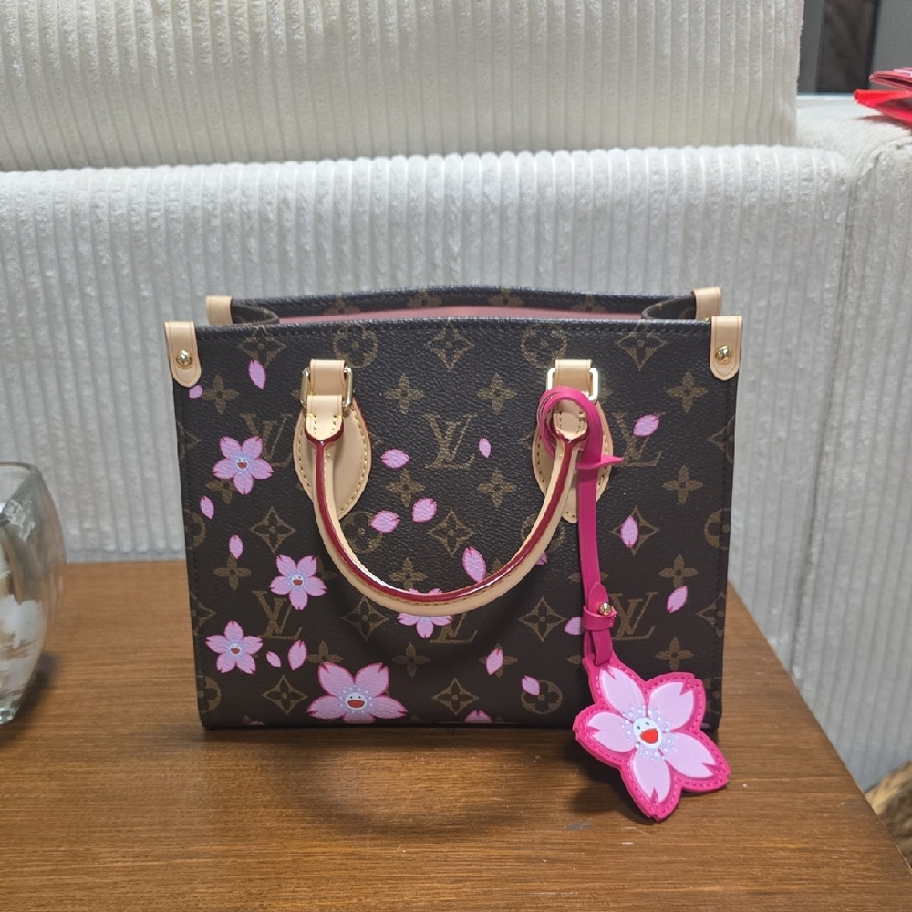 Brown Monogram Satchel with Pink Floral Accents